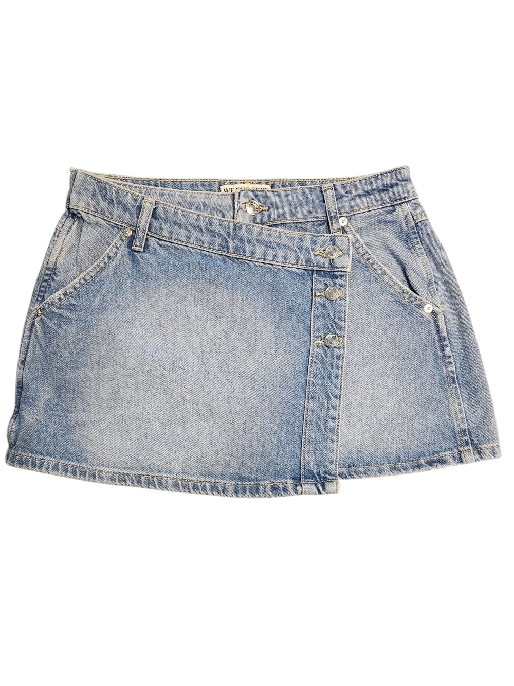 We The Free Wynne Denim Mini Skirt Light Indigo Wrap Button Front NWOT Size 27